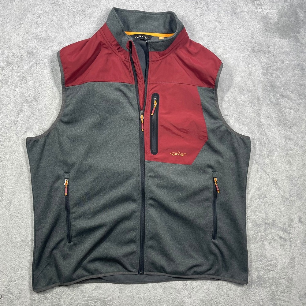 Orvis Full Zip Vest Mens XXL Grey Red Colorblock Fleece Lined Softshell